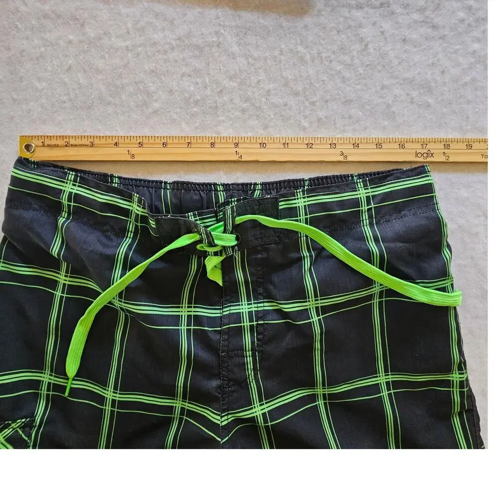 OP Men's Board Shorts Swim Trunks, Green Black Plaid, Size M